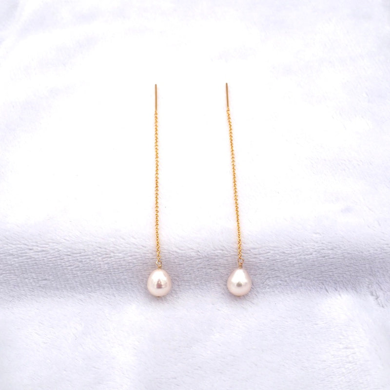 White Pearl Threader Earrings, Medium Size