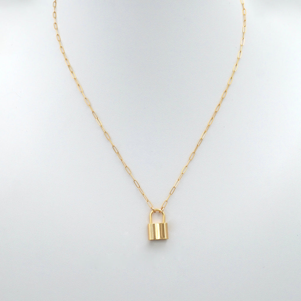 gold lock necklace paperclip chain gold filled