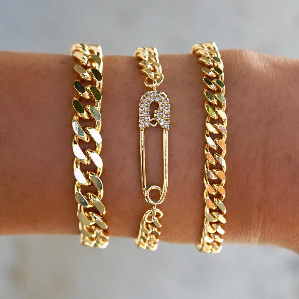 Gold Safety Pin Bracelet Cute Slim Thicc Chain Curb