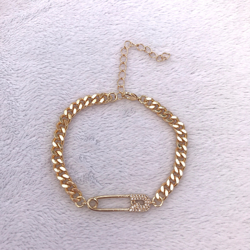Gold Safety Pin Bracelet Cute Slim Thicc Chain Curb 