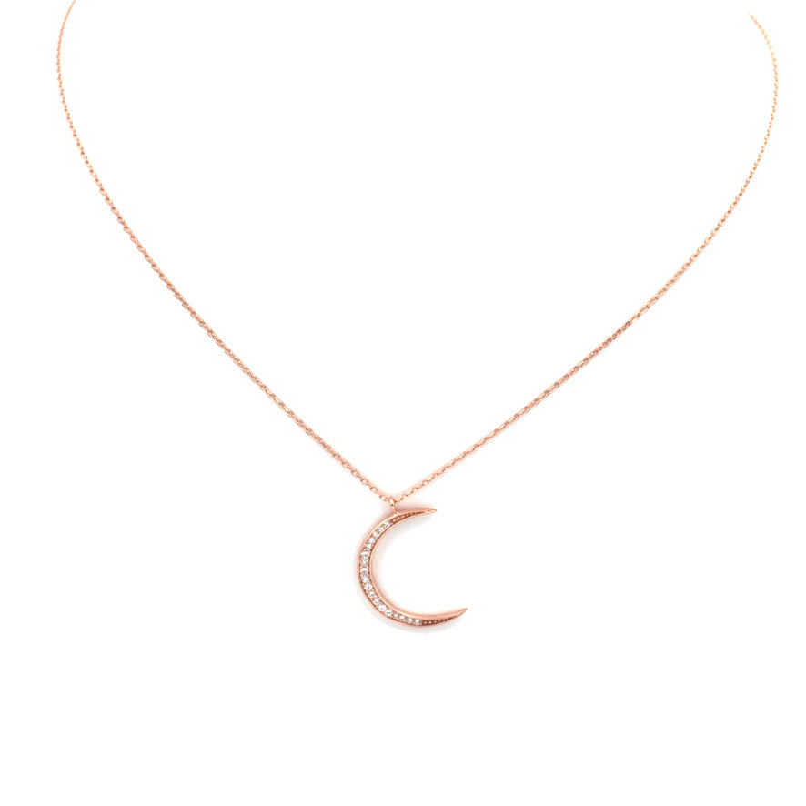 crescent moon necklace cz pave rose gold sterling silver