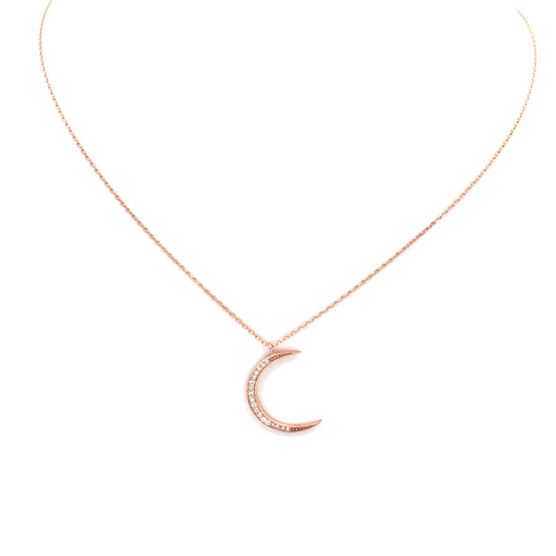 crescent moon necklace cz pave rose gold sterling silver