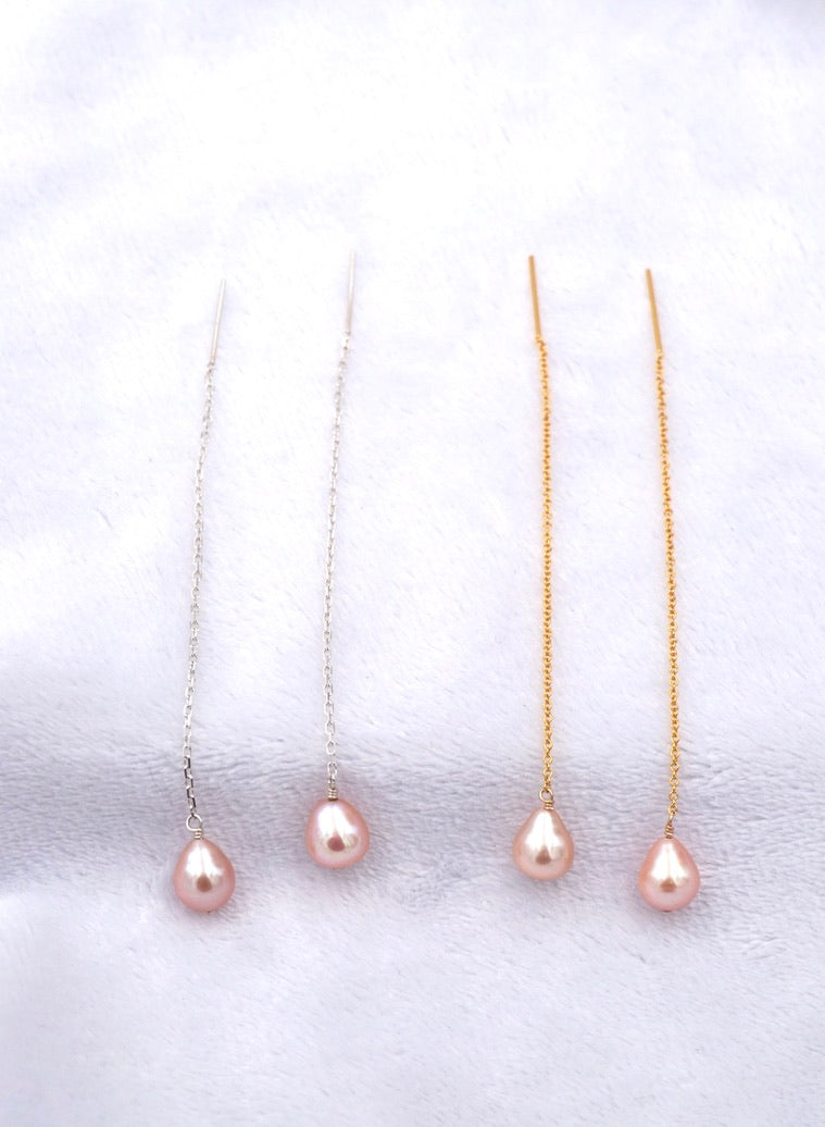Blush Pink Tone Pearl Threader Earrings, Medium Size