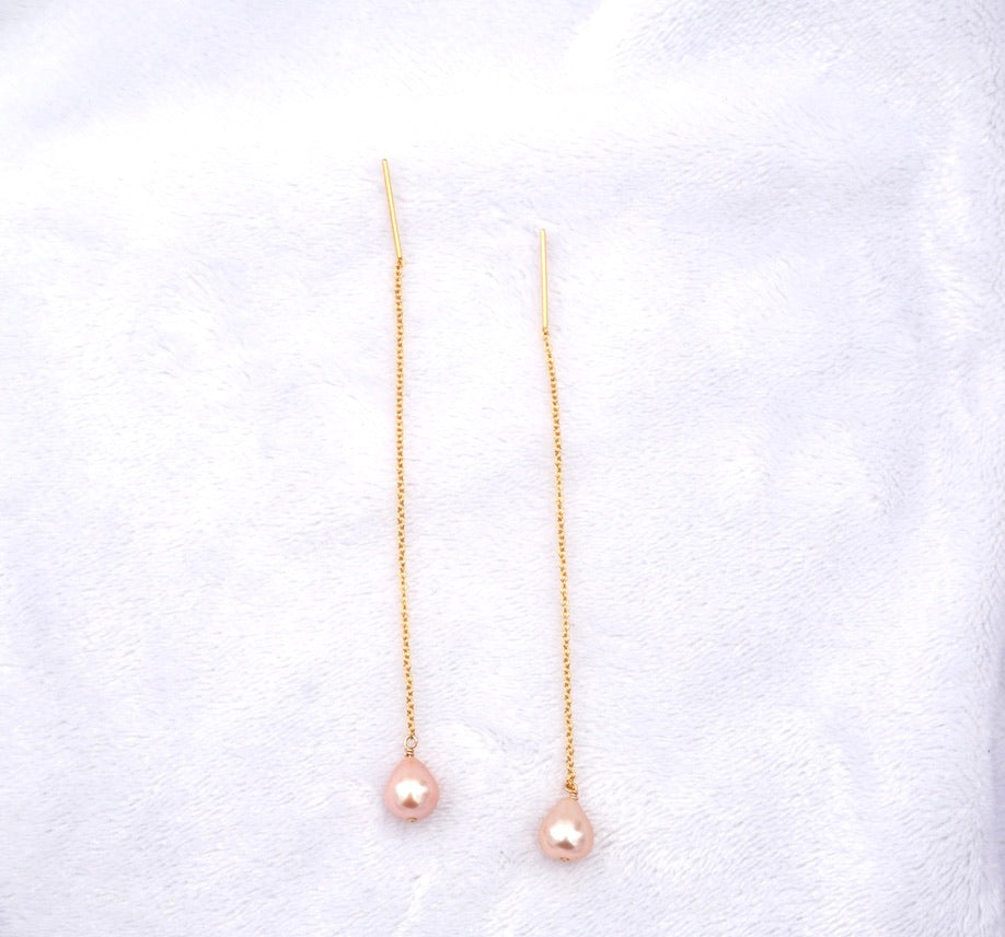 Blush Pink Tone Pearl Threader Earrings, Medium Size