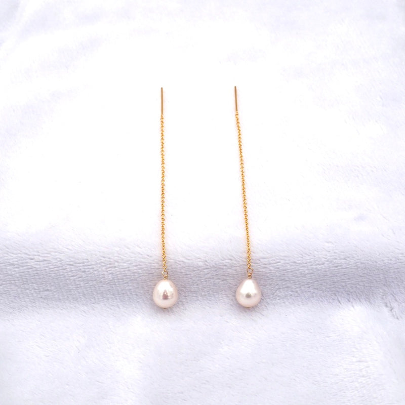 White Pearl Threader Earrings, Medium Size