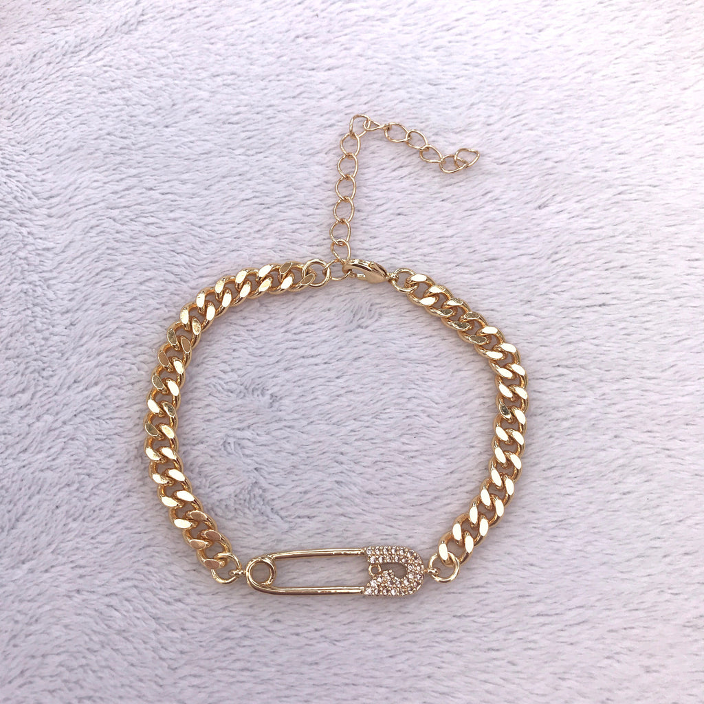 Gold Safety Pin Bracelet Cute Slim Thicc Chain Curb 